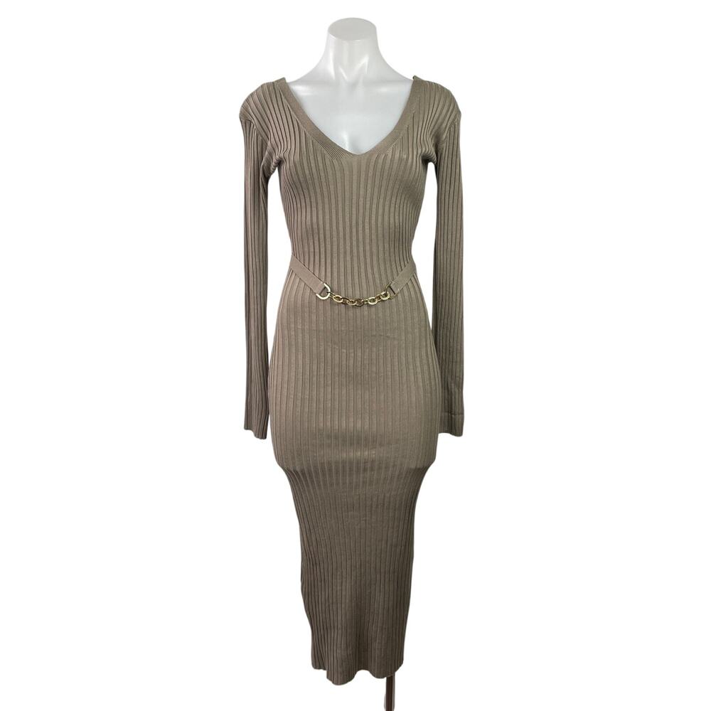 Fashion Nova Beige Taupe Long Sleeve V Neck Ribbed Knit Midi Bodycon Dress S